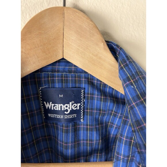 Wrangler Vintage M Western Shirt Pearl Snap Plaid Blue Long Sleeve Button Up - Picture 3 of 3